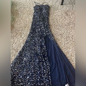 navy sequin prom dress